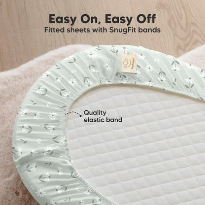 2-Pack Organic Bassinet Sheets for Girls, Boys - 100% Cotton Bassinet Mattress Sheets Compatible with Halo Bassinest Swivel Sleeper, Graco, Baby Delight, Chicco, Unisex Fitted Bassinet Sheets (Elly)