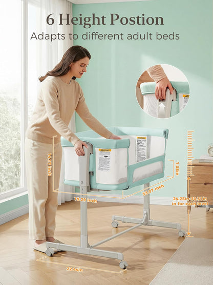 ONTHEWEI Baby Bassinet Bedside Sleeper 3-in-1, Easy Night Feeding with One-Side Fold & Rolling Wheels, Breathable Mesh, 6-Height Adjustable, Soft Mattress for Newborns
