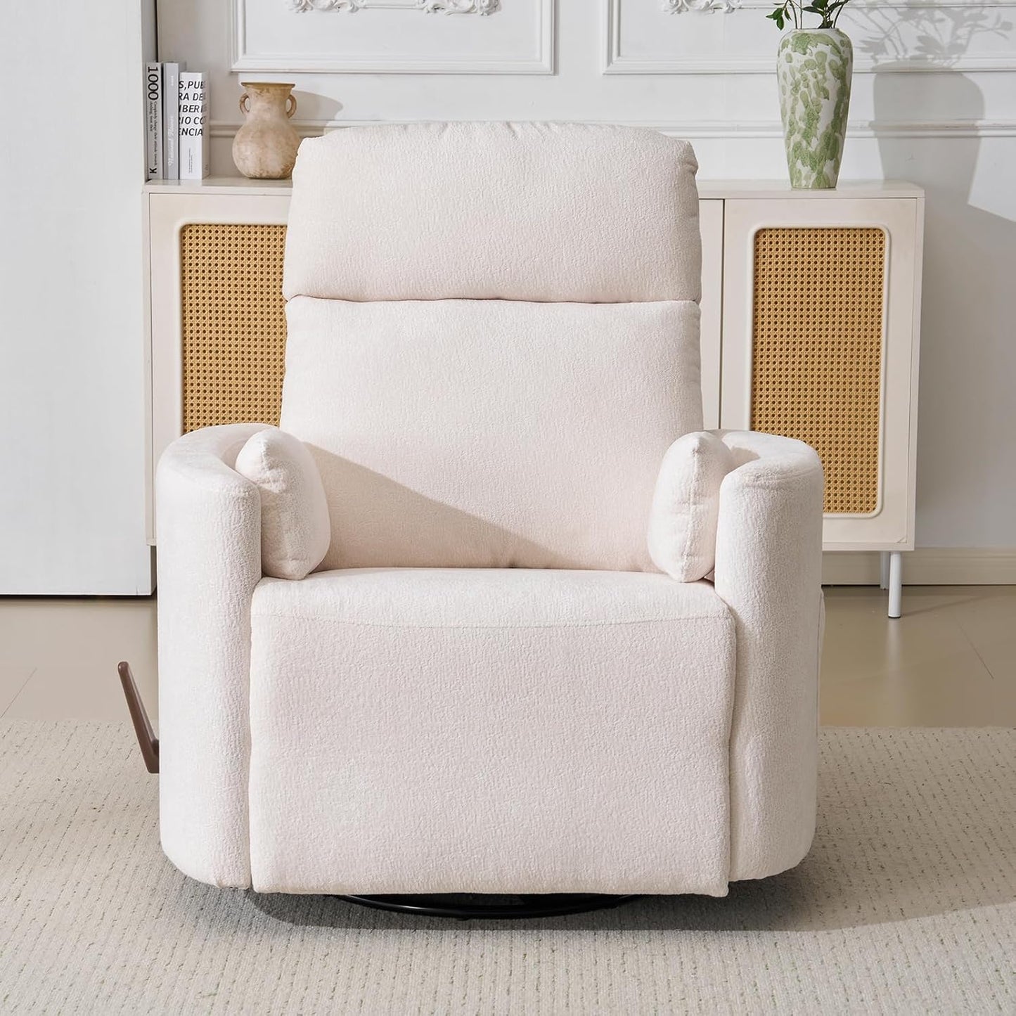 Oversized Swivel Rocker Recliner Chair with Heat and Massage, Rocking Chair with Adjustable Headrest, Manual Recliner, Glider Recliner with 2 Pillows, Chenille White