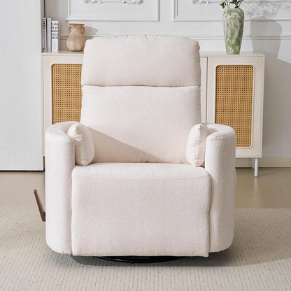 Oversized Swivel Rocker Recliner Chair with Heat and Massage, Rocking Chair with Adjustable Headrest, Manual Recliner, Glider Recliner with 2 Pillows, Chenille White