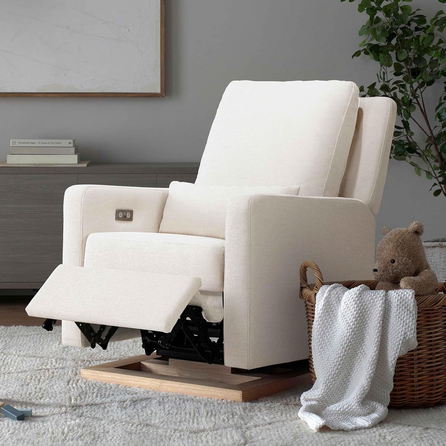 Babyletto Sigi Electronic Power Recliner & Swivel Glider with USB Port in Performance Beach Eco-Weave with Light Wood Base, Water Repellent & Stain Resistant, Greenguard Gold and CertiPUR-US Certified