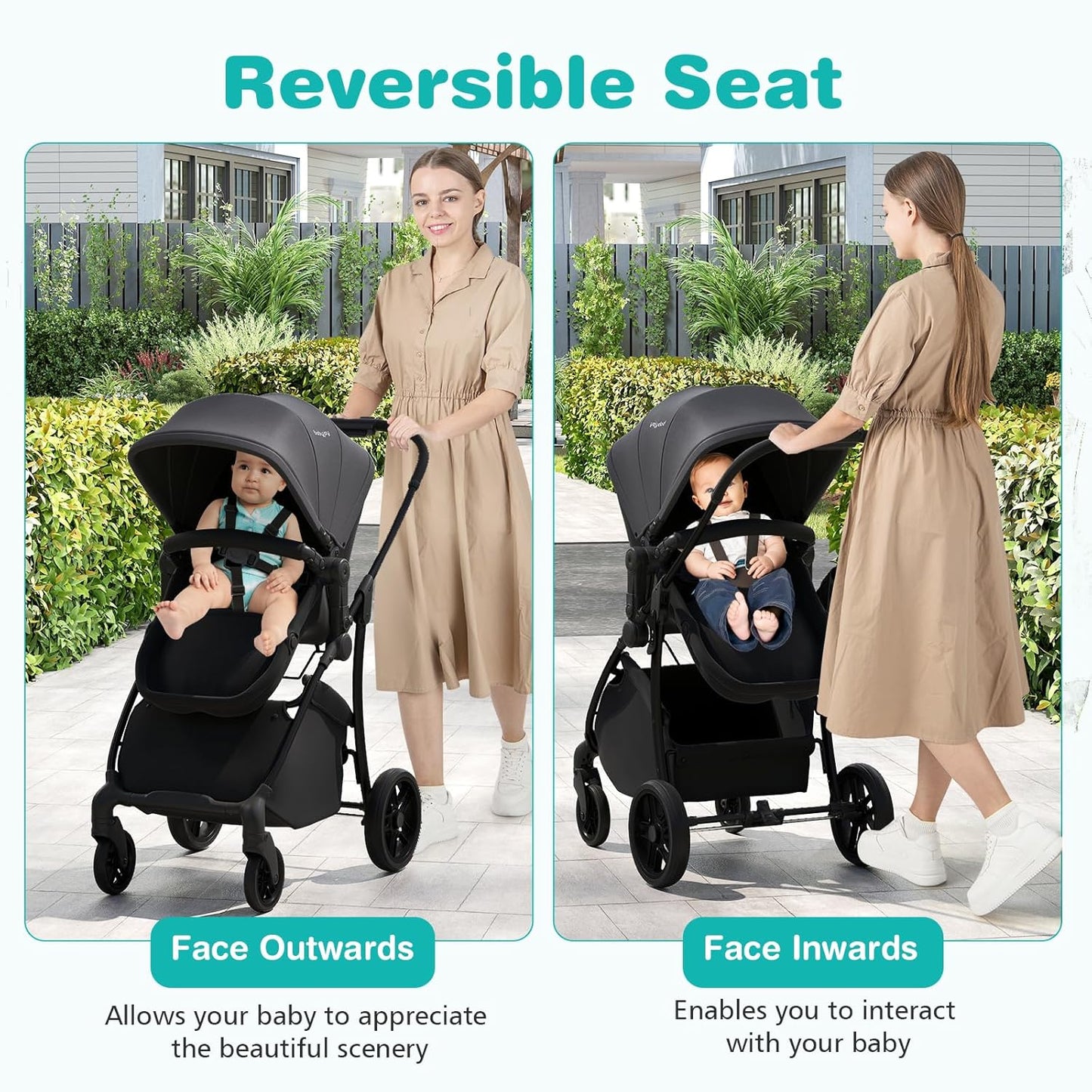 BABY JOY 2 in 1 Baby Stroller, High Landscape Convertible Bassinet Stroller with Reversible Seat, Adjustable Backrest & Canopy, Foldable Pushchair Pram Stroller for Newborn Toddler 0-36 Months (Black)