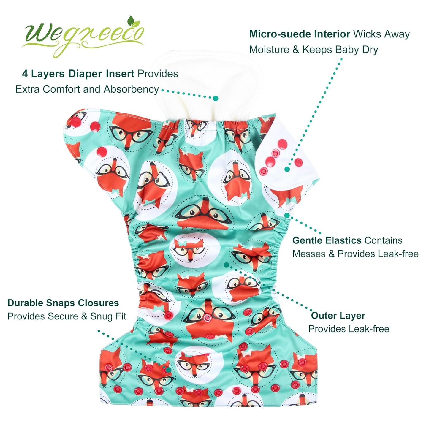 wegreeco Cloth Diapers 6 Pack with 6 Inserts & 1 Wet Bag, Washable Cloth Diapers for Babies, One Size Adjustable Reusable (Flower)