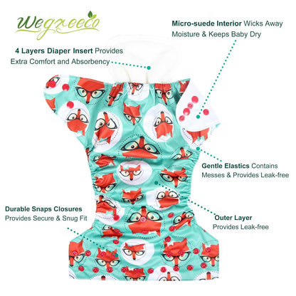 wegreeco Cloth Diapers 6 Pack with 6 Inserts & 1 Wet Bag, Washable Cloth Diapers for Babies, One Size Adjustable Reusable (Flower)
