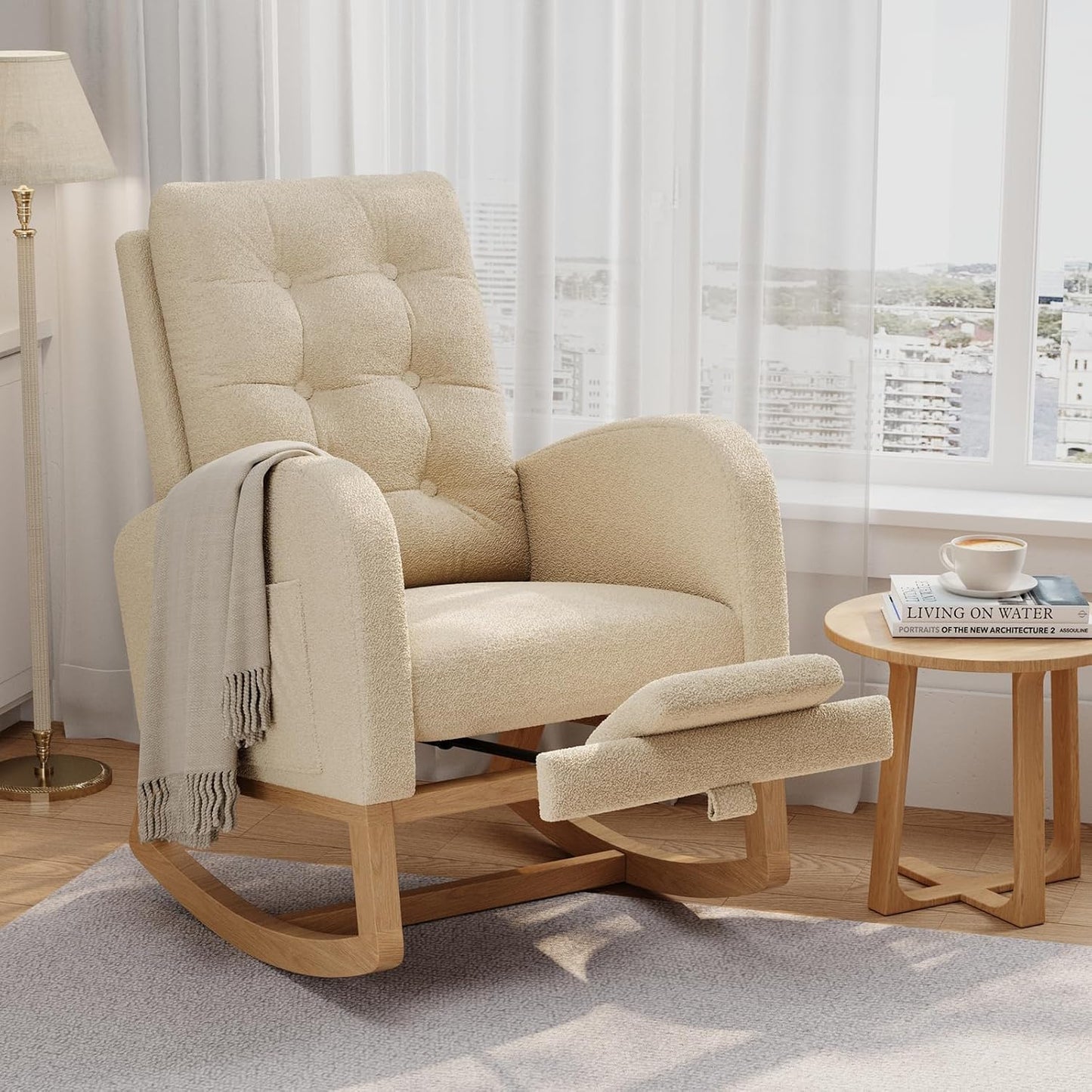 GarveeHome Nursery Rocking Chair with Adjustable Footrest, Teddy Fleece Upholstery, Sturdy Wooden Legs & High Backrest, Comfortable Glider Rocking Chair for Living Room or Bedroom, Pink