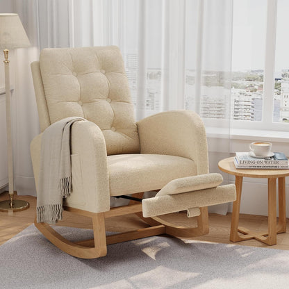 GarveeHome Nursery Rocking Chair with Adjustable Footrest, Teddy Fleece Upholstery, Sturdy Wooden Legs & High Backrest, Comfortable Glider Rocking Chair for Living Room or Bedroom, Pink