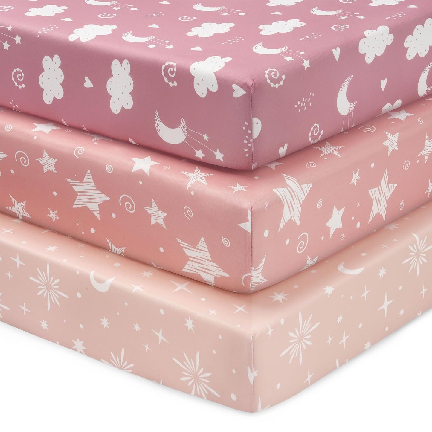 Baby Mini Crib Sheets Girl, Portable 38”x26” Pack and Play Sheets Fitted for Playard and Pack N Play Mattress, 3-Pack Soft Microfiber Pink Rainbow