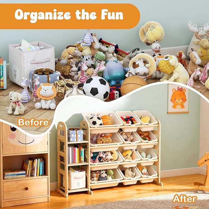 Toy Storage Organizer, Wooden Toy Organizers and Storage with Bookshelf, Toy Storage Shelf with 3 Shelves and 12 Storage Bins, Kids Bookshelf for Playroom, Nursery, Bedroom, Bookcase for Kids, White