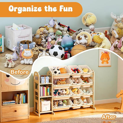 Toy Storage Organizer, Wooden Toy Organizers and Storage with Bookshelf, Toy Storage Shelf with 3 Shelves and 12 Storage Bins, Kids Bookshelf for Playroom, Nursery, Bedroom, Bookcase for Kids, White