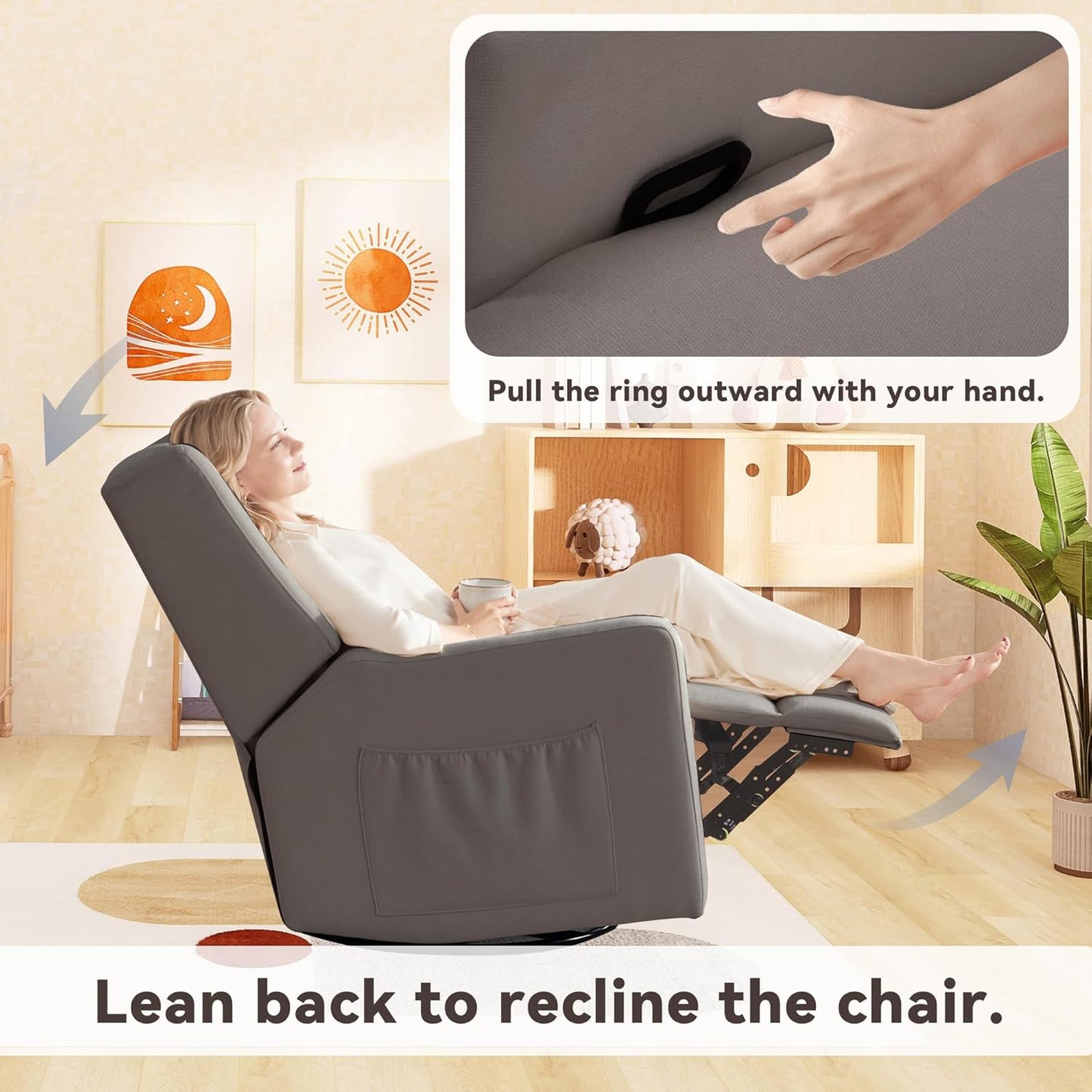 Tbfit Nursery Rocking Chair,360°Swivel Recliner Chair with Lumbar Support for Bedroom, Comfy Upholstered Armchair with Pillows & Footrest for Living Room & Baby Room