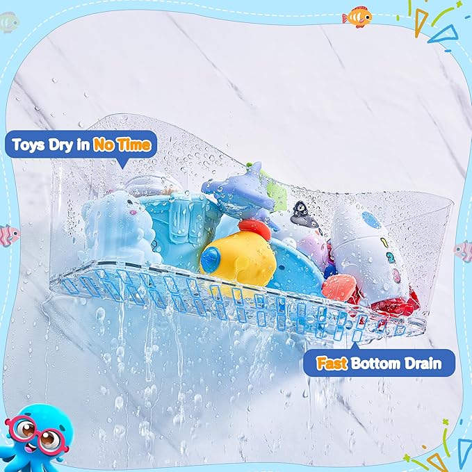 Antimbee Clear Bath Toy Storage, Large Capacity Bath Toy Holder, Quick Dry Bathtub Toy Storage Organizer, No Drill Adhesive Shower Caddy, Bathroom Shower Toy Basket for Baby Toddler Kids, 2 Pack