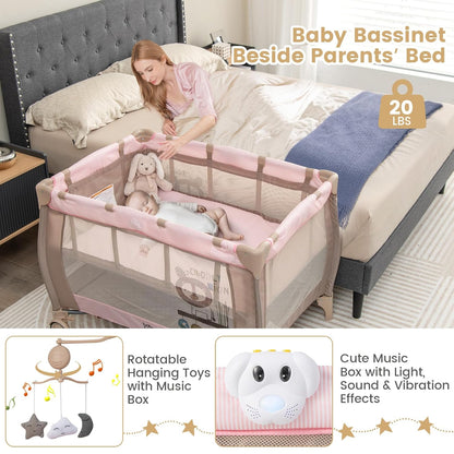 Costzon 3 in 1 Pack and Play with Bassinet, Portable Baby Playard with Changing Table, Music Box, Whirling Toys, Wheels/Brake, Basket, Foldable Infant Bassinet Crib for Baby Toddlers Indoor Outdoor
