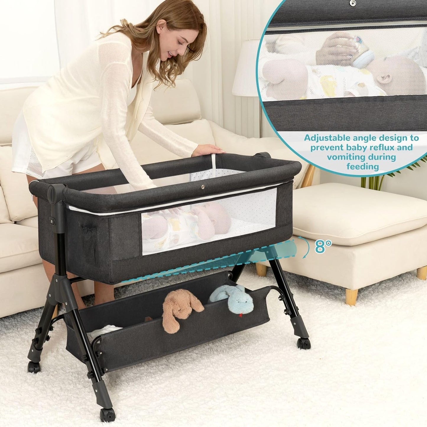 BCOL 3 in 1 Baby Bassinet Bedside Sleeper, Bedside Crib for Baby, Adjustable Baby Bassinet with Wheels, Storage Basket, Mattress, Easy Assemble & Folding Portable Baby Cradle (Grey)