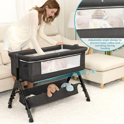 BCOL 3 in 1 Baby Bassinet Bedside Sleeper, Bedside Crib for Baby, Adjustable Baby Bassinet with Wheels, Storage Basket, Mattress, Easy Assemble & Folding Portable Baby Cradle (Grey)