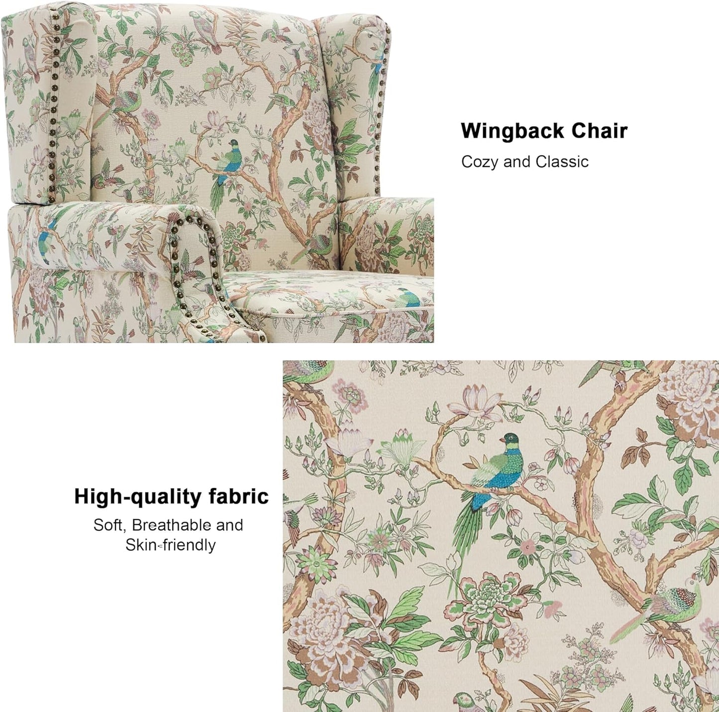 Swivel Rocker Recliner Chair, Manual Nursery Glider Recliner, Floral Fabric Wingback Accent Chair with Adjustable Backrest & Footrest for Small Spaces Living Room Bedroom (Plants Floral, Set of 1)