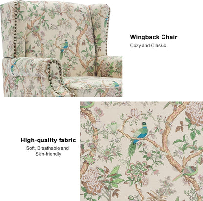Swivel Rocker Recliner Chair, Manual Nursery Glider Recliner, Floral Fabric Wingback Accent Chair with Adjustable Backrest & Footrest for Small Spaces Living Room Bedroom (Plants Floral, Set of 1)