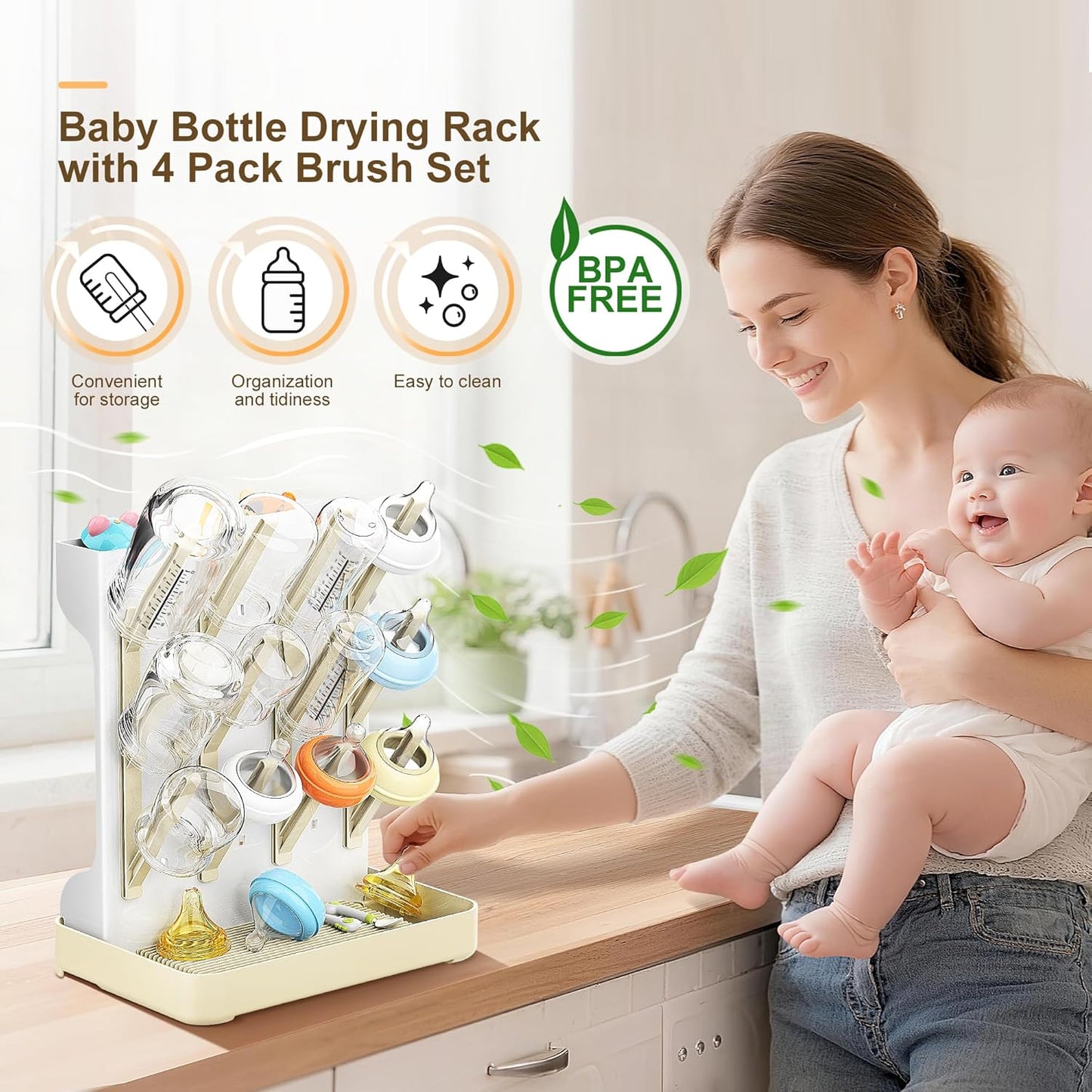 Baby Bottle Drying Rack: Vertical Space Saving Countertop Drying Rack - BPA-Free Baby Accessories Storage Stand Organize Brushes Pacifiers on Countertop - Elegant Grey