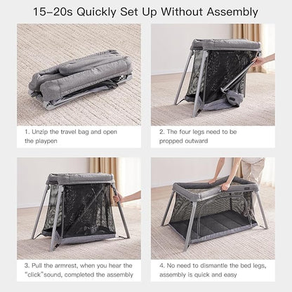Gromast 2 in 1 Portable Travel Crib for Toddler, Foldable Crib for Baby, Lightweight Playpen Collapsible Playard with Soft Mattress, Easy to Carry Baby Travel Bed for Outdoor, Indoor (Grey)