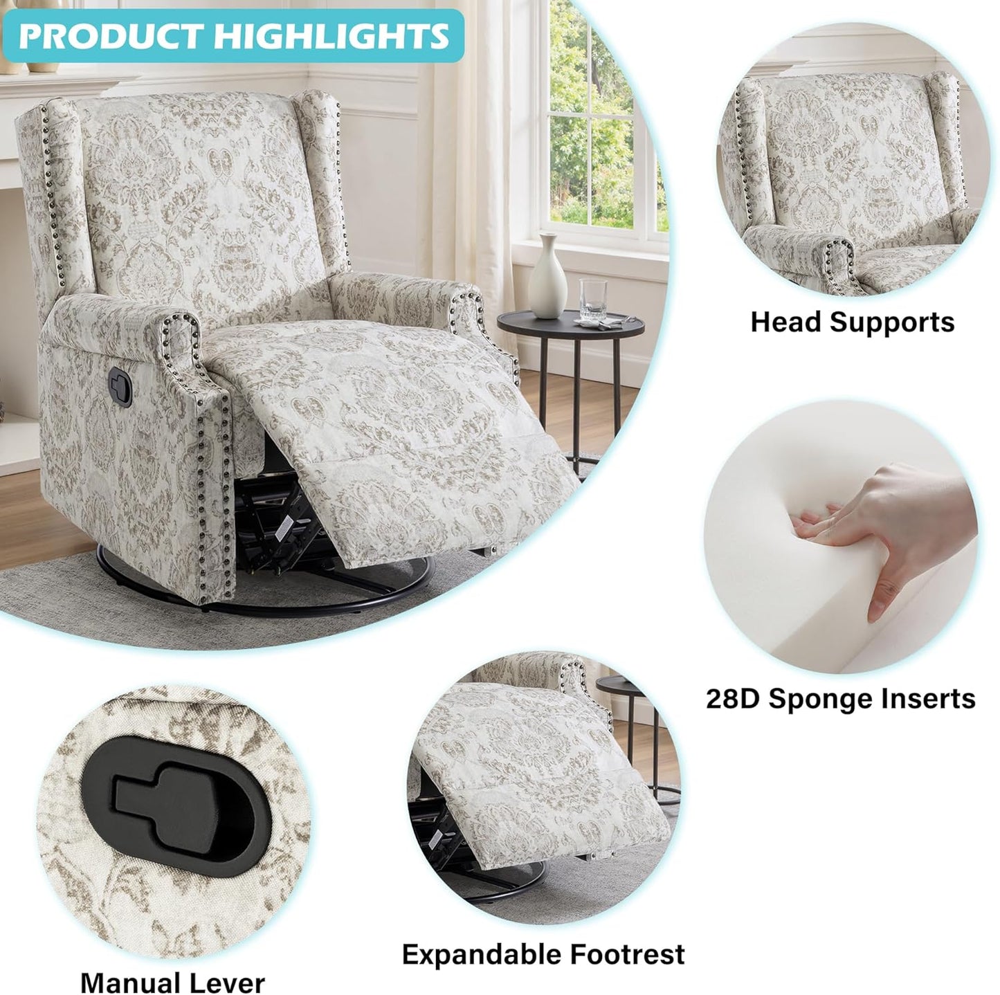 UIXE Swivel Glider Recliner Chair for Adults, High Back Nursery Rocker Floral Upholstered Armchair for Living Room, Manual Reclining Rivet Trim Sofa Lounge with Deep Seat in Fabric - Navy Blue
