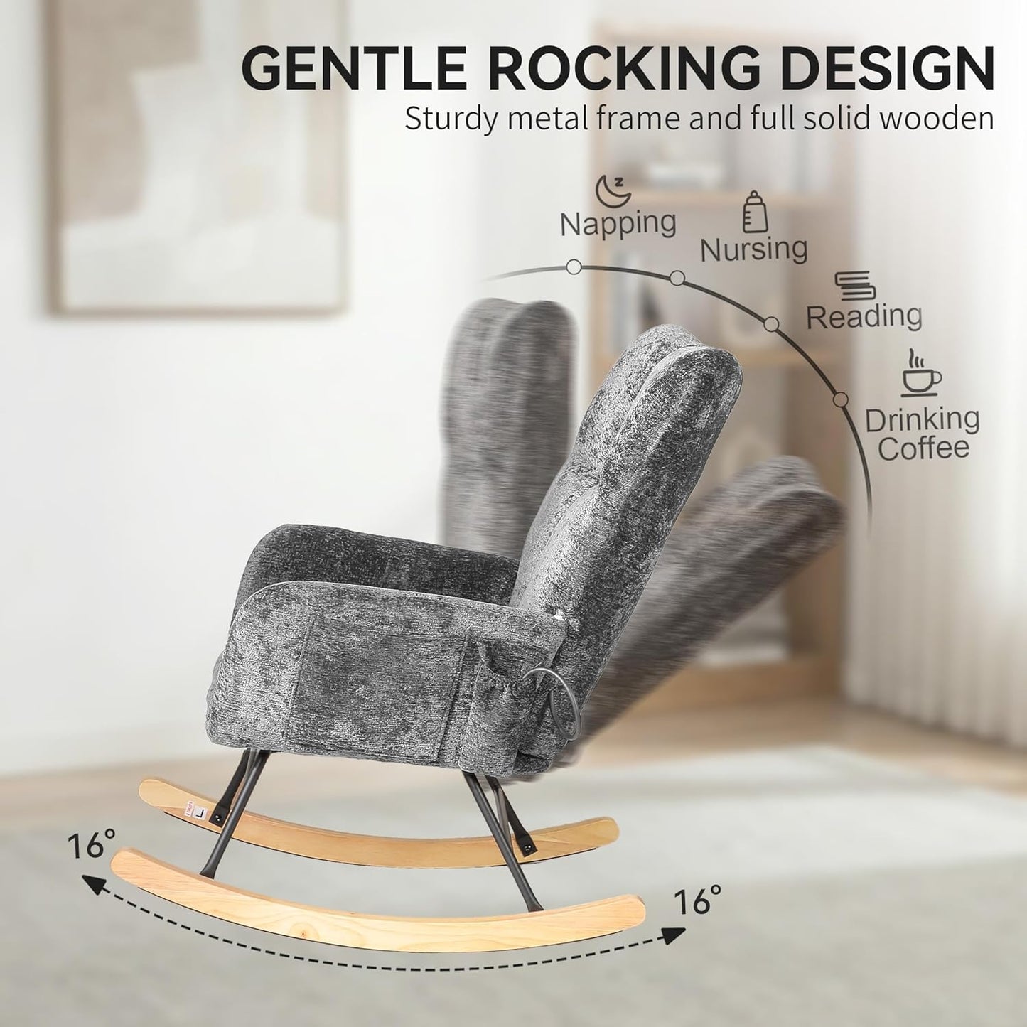 Nursery Rocking Chair Teddy Upholstered Glider Rocker Rocker Accent Chair with High Backrest Armchair Comfy Side Pocket Modern Rocking Accent Chairs for Living Room, Nursery, Office-Green