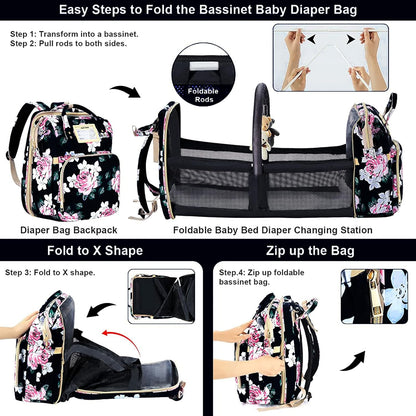 GurZinn Diaper Bag Backpack with Changing Station, Foldable for Bady Toddler, 3 in 1 Large Capacity Newborn Essentials Organizer with Stroller Hook for Girls and Boys（Pink）