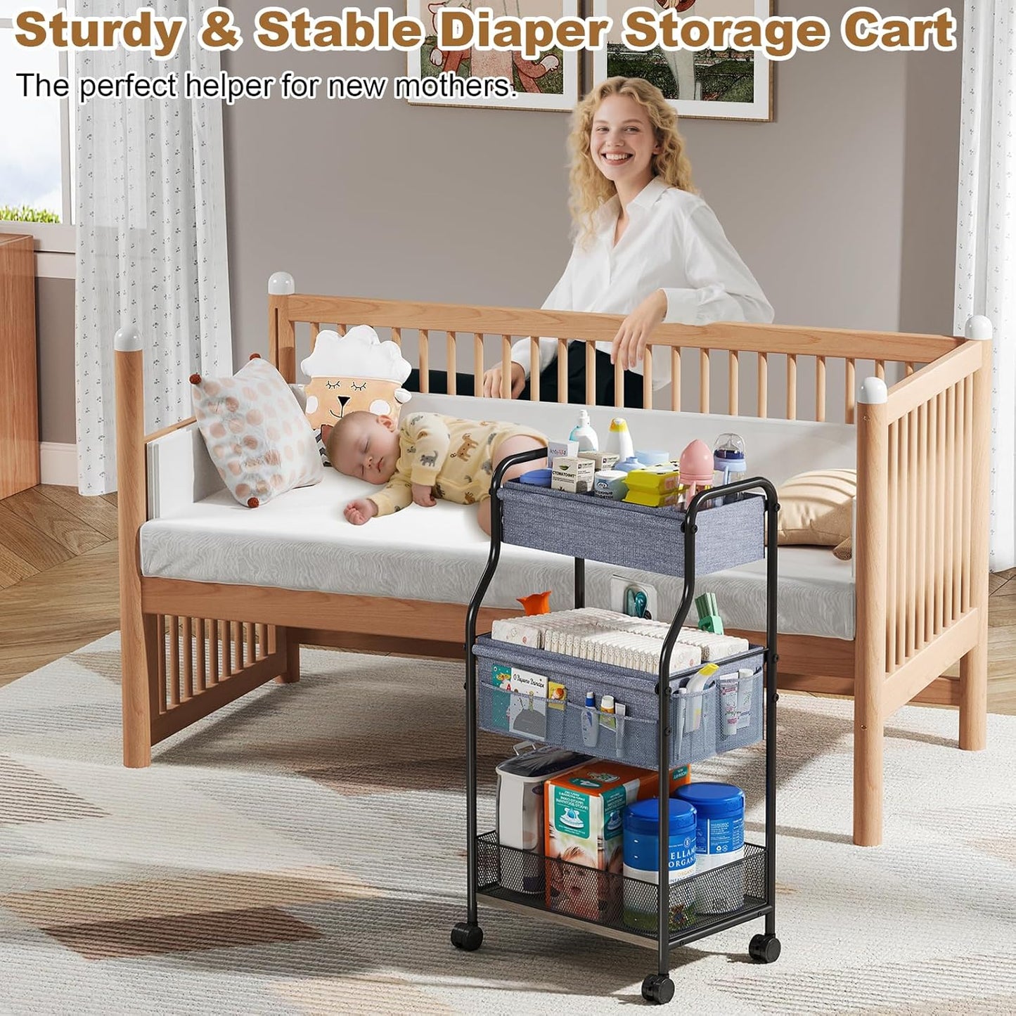 3-Tier Baby Diaper Caddy Cart Organizer,Mobile Nursery Storage Carts with Wheels,With 2 Dividers&14 Mesh Pockets Durable Metal Utility Cart for Nursery, Bedroom, Bathroom, Baby Essentials Organization