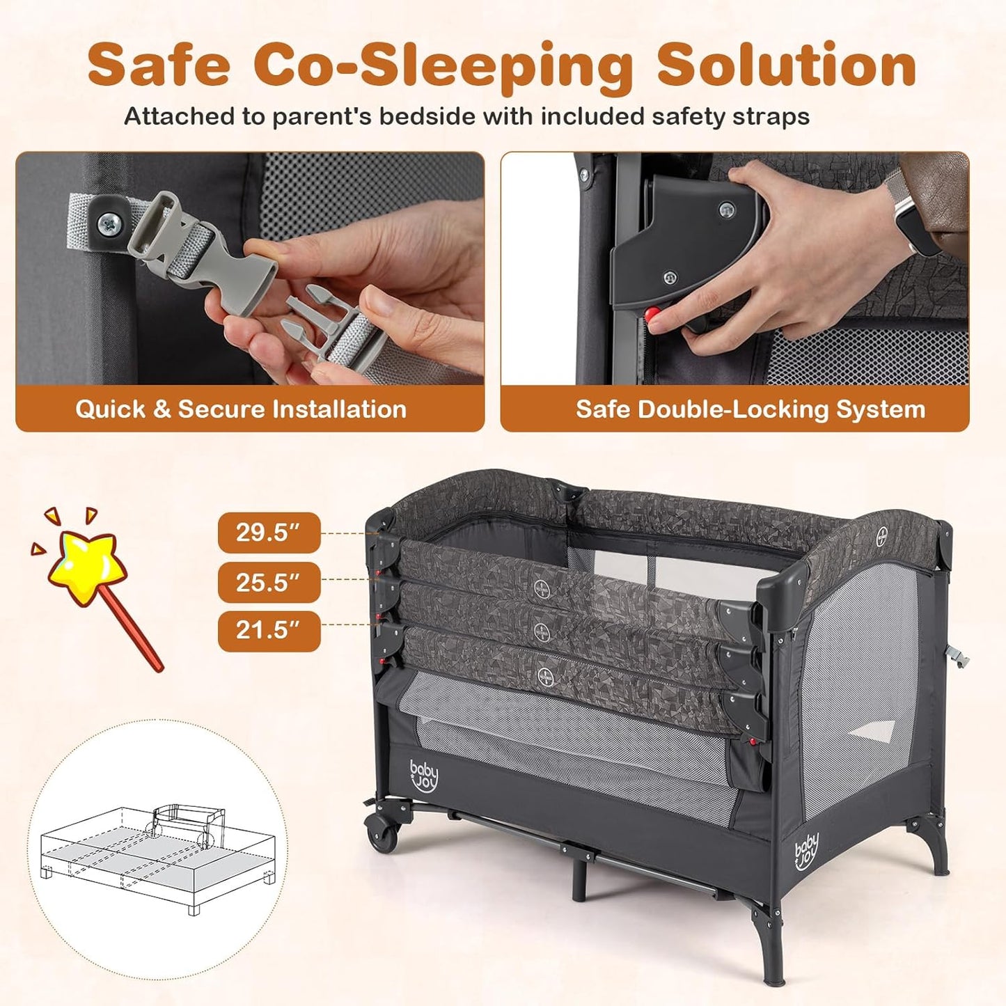 BABY JOY 5-in-1 Pack and Play, Baby Bedside Sleeper with Bassinet, Portable Baby Playard with U-Shaped Diaper Changer, Safety Strap, Multifunction Baby Bassinet Bedside Crib from Newborn to Toddlers