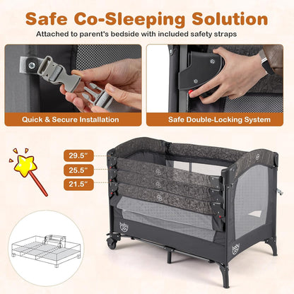 BABY JOY 5-in-1 Pack and Play, Baby Bedside Sleeper with Bassinet, Portable Baby Playard with U-Shaped Diaper Changer, Safety Strap, Multifunction Baby Bassinet Bedside Crib from Newborn to Toddlers