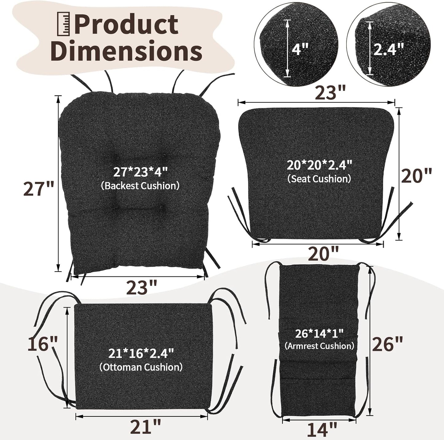 SINOSSO Glider Rocker Cushion Set (5 Pcs), Soft Blended Fabric High-Density Support Foam Seat Cushions with Ties, Fits Rocking Chair/Nursery Glider & Ottoman, Black-Gray