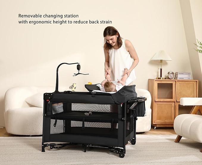 Pack and Play, 4 in 1 Baby Playard – Portable Crib, Bassinet, Bedside Sleeper, Changing Table & Playpen | Breathable Mesh | Safe & Foldable for Newborns to Toddlers (Black)
