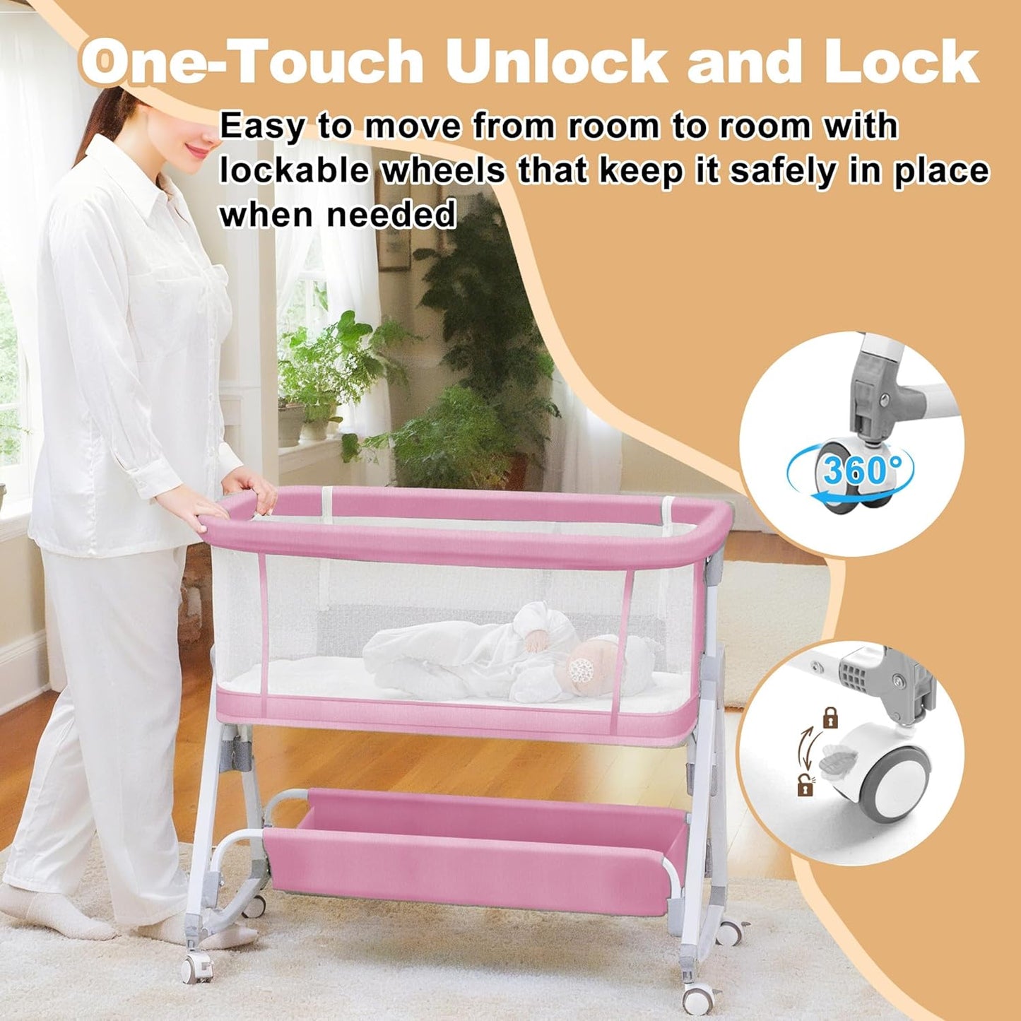 Baby Bassinet,3 in 1 Bedside Bassinet for Baby with Hanging Toys,Foldable Baby Bassinets Bedside Sleeper,4-Sided Mesh Bedside Crib with Wheels and Storage Basket,6 Height Adjustable (Light Grey)