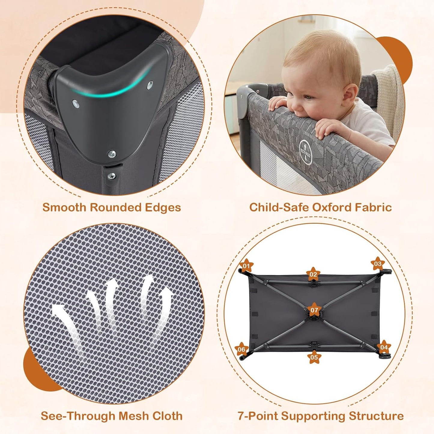 BABY JOY 5-in-1 Pack and Play, Baby Bedside Sleeper with Bassinet, Portable Baby Playard with U-Shaped Diaper Changer, Safety Strap, Multifunction Baby Bassinet Bedside Crib from Newborn to Toddlers