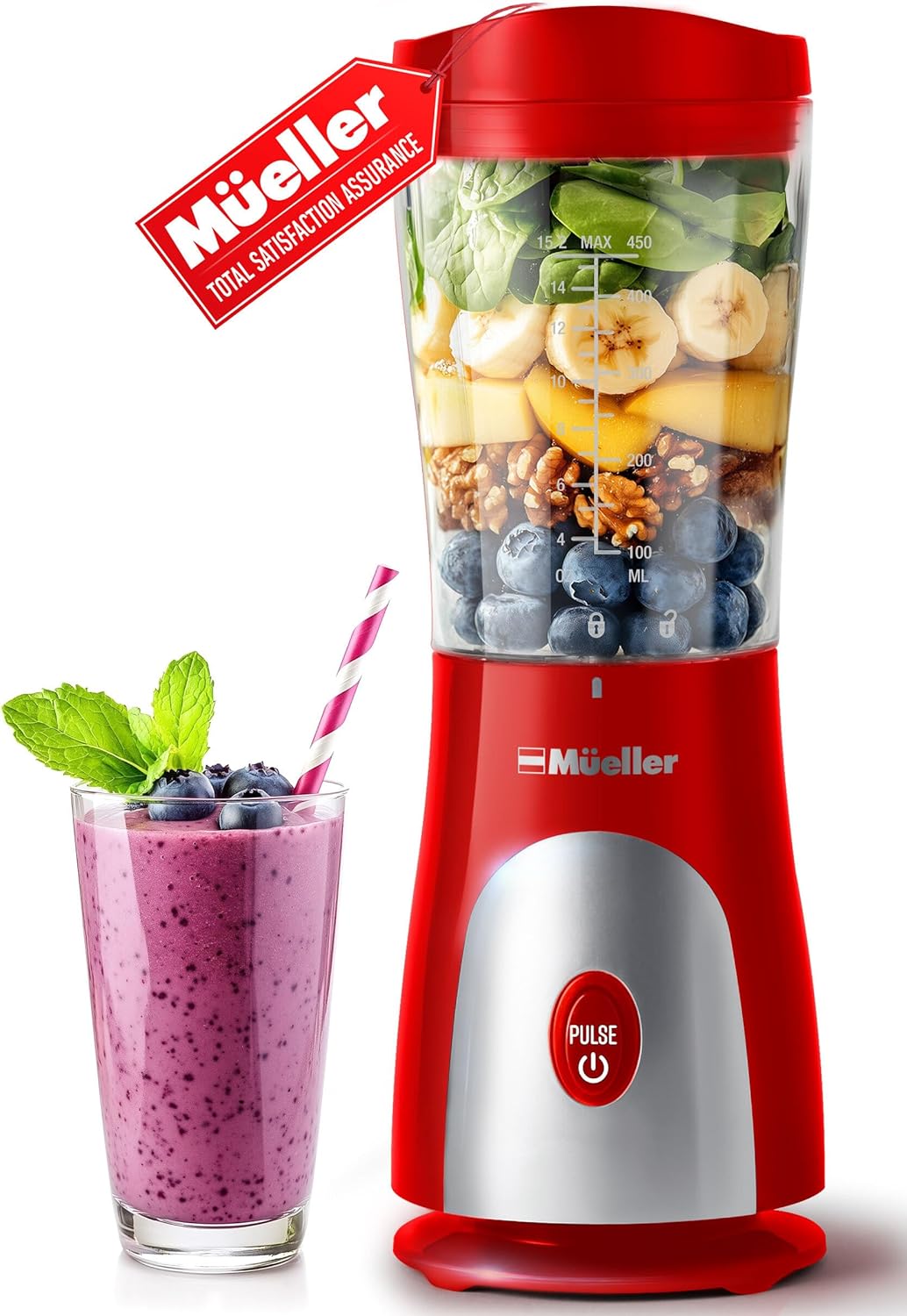 Mueller Heavy-Duty Personal Blender for Shakes and Smoothies with a 15 Oz Travel Cup and Lid, Juices, Baby Food, Portable Blender & Food Processor, Turquoise