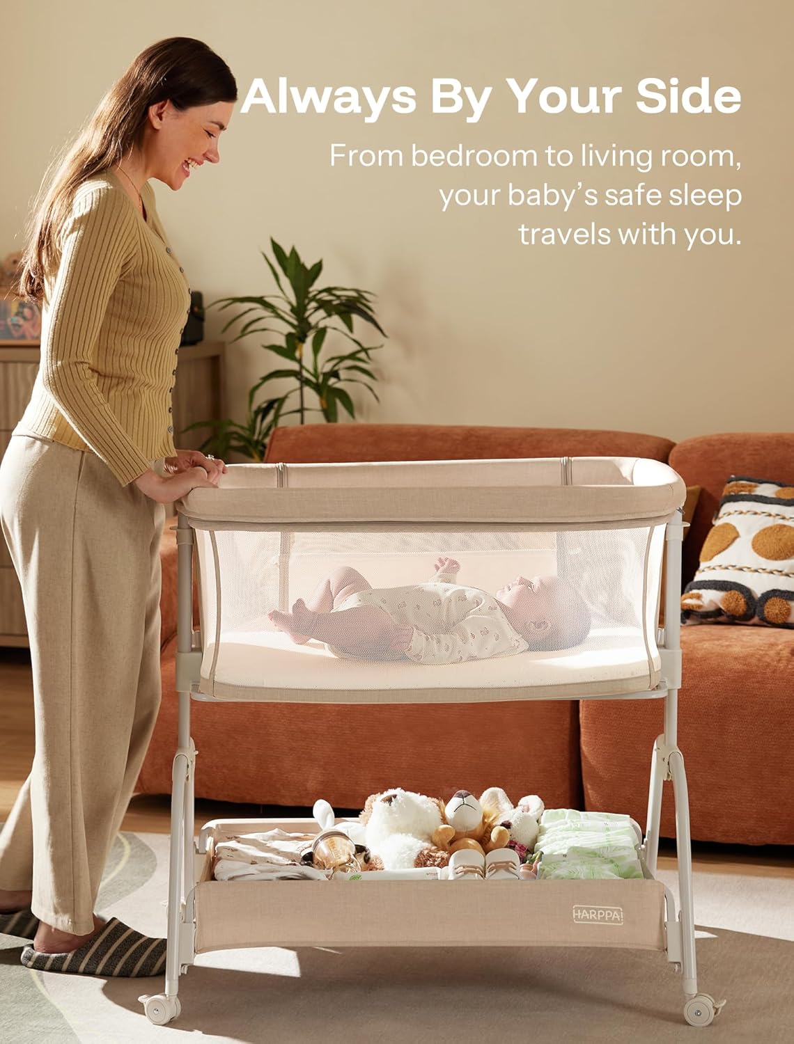 HARPPA Cuddly Lite Bassinet, 2 in 1 Baby Bassinet with Breathable Mesh and Mattress, 6 Height Adjustable, Bedside Sleeper with Anchor Strap, Storage Basket and Wheels, Light Grey