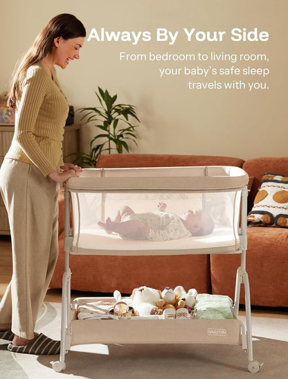 HARPPA Cuddly Lite Bassinet, 2 in 1 Baby Bassinet with Breathable Mesh and Mattress, 6 Height Adjustable, Bedside Sleeper with Anchor Strap, Storage Basket and Wheels, Light Grey