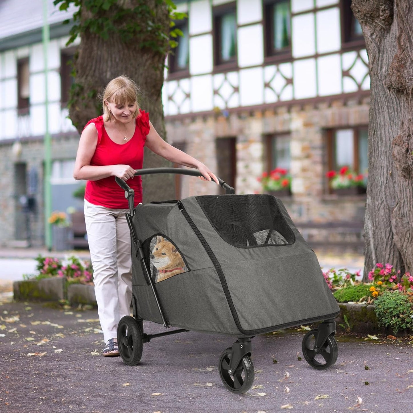 Large Dog Travel Stroller with 4 Heavy Duty Wheels Pet Stroller with Adjustable Handle - Double Doggie Capacity Jogger Wagon with Back Front Door for Small Medium Large Dogs (Dark Light Gray)
