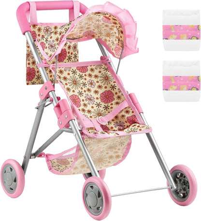 GAGAKU Baby Doll Stroller for Toddlers, Foldable Toy Stroller with Storage Basket and Bag, Diapers - Reborn Doll Accessories for Girls & Kids Ages 3+, Pink