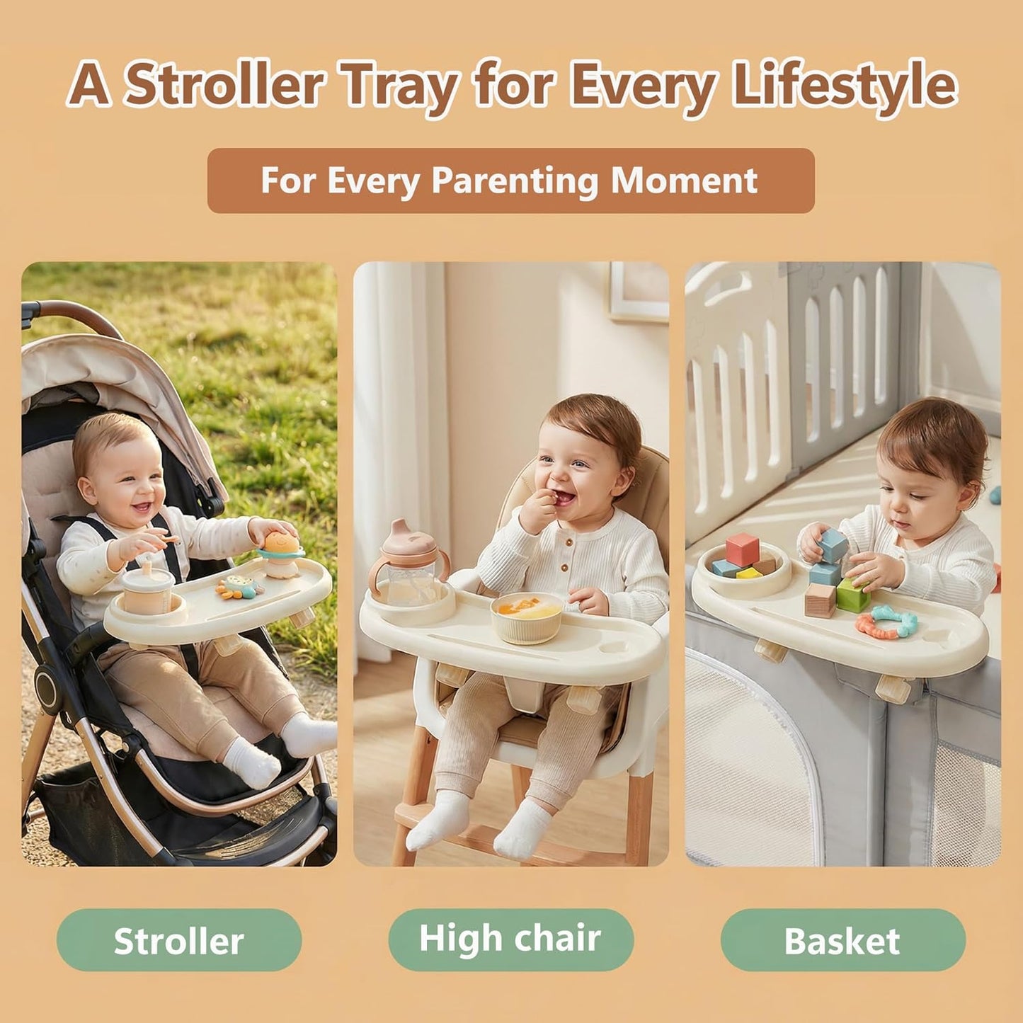 Li & Zhao Universal Stroller Snack Tray Attachment - Universal Snack Tray for Cloud Cup Holder Tray Plastic Accessories for Baby,Toddler(Beige)
