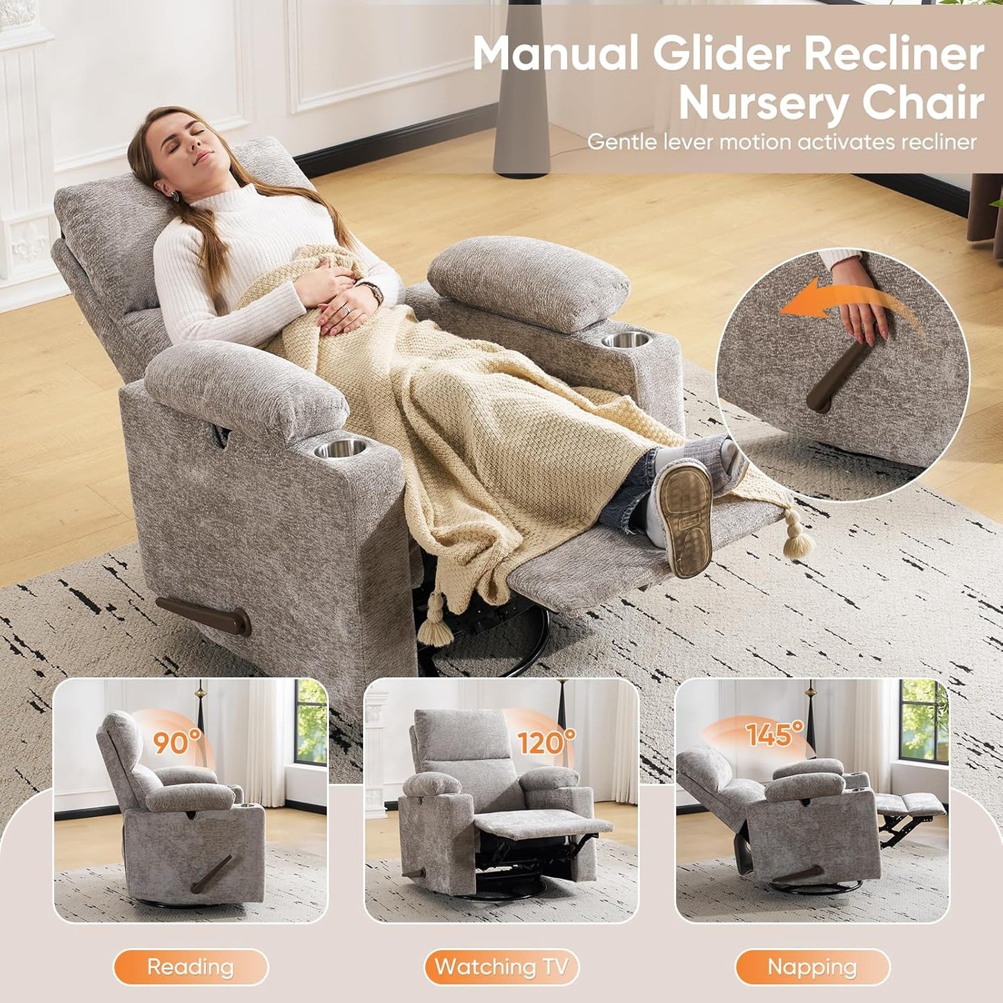 Rocking Chair Nursery with Adjustable Armrests, Electric Glider Recliner Nursing Chair for Breastfeeding, Power Swivel Recliner Chairs with Massage and Heat, Adjustable Headrest , FSC Certified, White