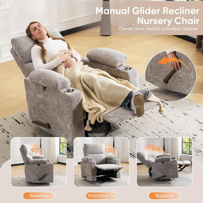 Rocking Chair Nursery with Adjustable Armrests, Electric Glider Recliner Nursing Chair for Breastfeeding, Power Swivel Recliner Chairs with Massage and Heat, Adjustable Headrest , FSC Certified, White