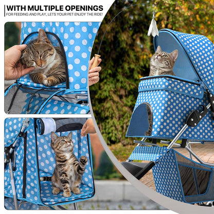 MoNiBloom Foldable Pet Stroller with Weather Cover, 3 Wheels Pet Strolling Cart for Small/Medium Dogs and Cats with Storage Basket and Cup Holder, Breathable and Visible Mesh for All-Season, Black