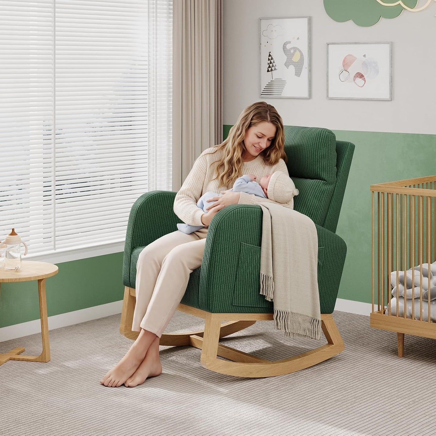 Modern Nursery Rocking Chair, Upholstered Glider Rocking Chair for Living Room, Comfortable Rocker Recliner with Side Pocket, Rocker Glider for Bedroom, Nursing Room