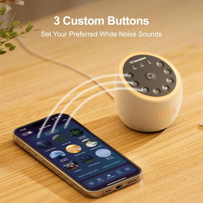 Santebee Sound Machine for Sleep, White Noise Sound Machine 388 Soothing Sounds, 3 Custom Buttons Smart APP Control Night Light, Noise Canceling Dimmable Clock for Adults Baby Kids Lullaby Office
