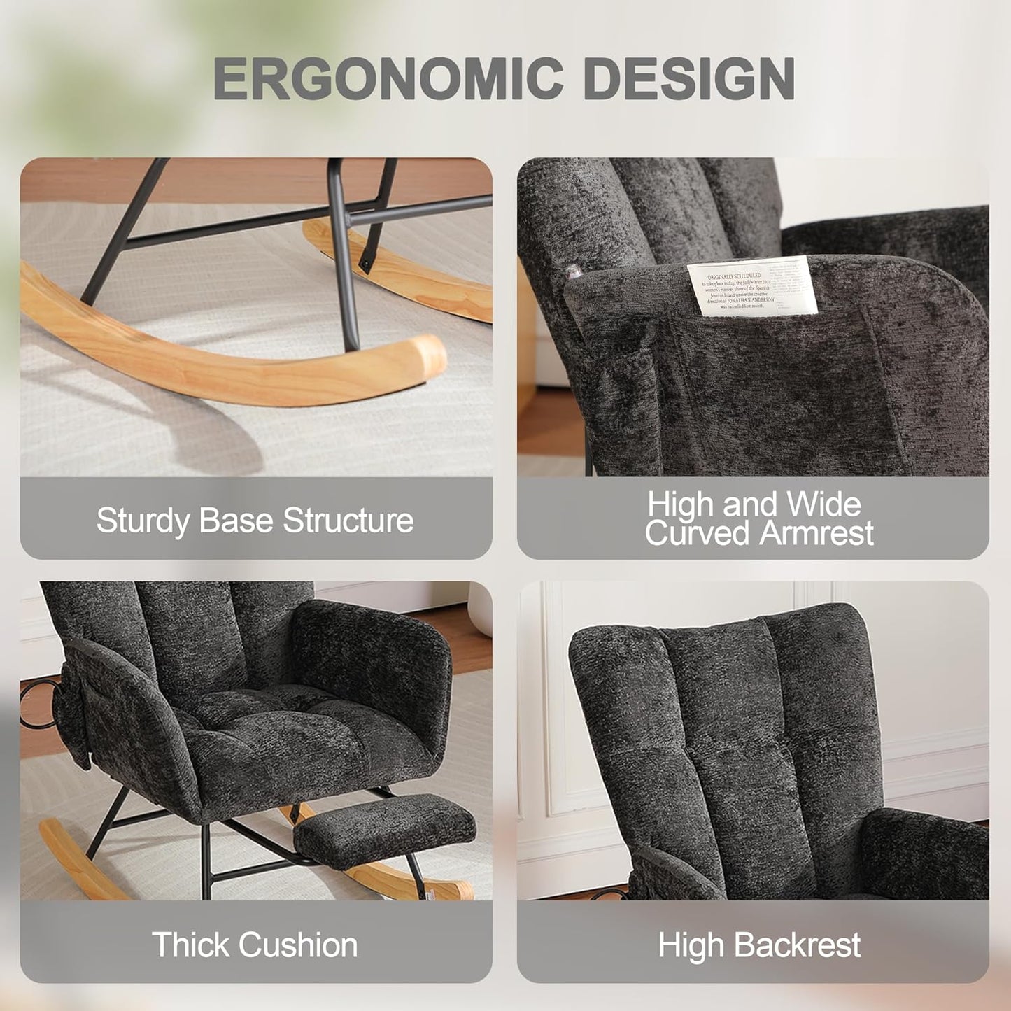 Rocking Chair Nursery with Airbag, Comfy Modern Nursery Rocking Reading Chair indoor with Footrest, Cozy Upholstered Glider Rocker Chairs for Living Room Bedroom Offices(Chenille, Dark Grey)