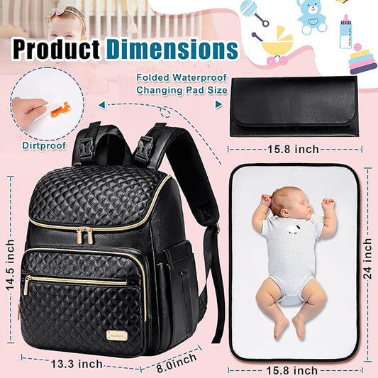 Weitars Diaper Bag Backpack Leather Baby Diaper Bag with Changing Pad Travel Diaper Backpack,Baby Bag for Mom,Stroller Straps,5 Insulated Pockets (Black Leather)