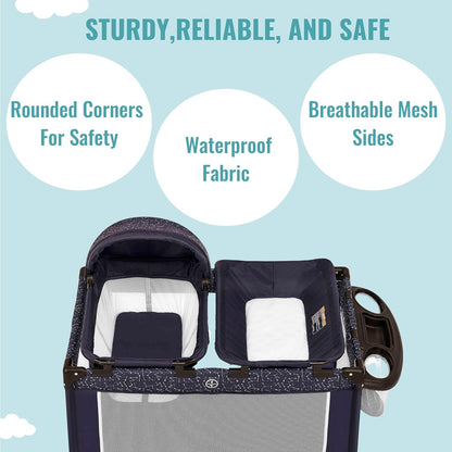 Dream On Me Emily Rose Deluxe Playard in Galaxy Blue with Infant Bassinet and Changing Tray, Lightweight Portable and Convertible Playard for Baby, Breathable Mesh Sides and Soft Fabric