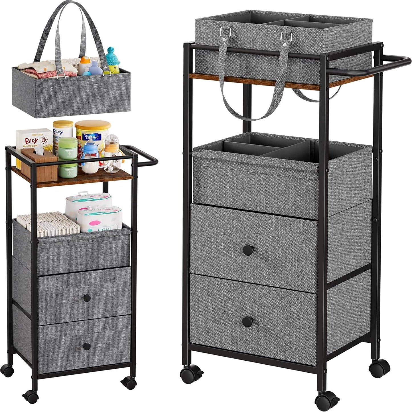 Modanais Baby Diaper Caddy Organizer Cart with Drawers - 3In1 Rolling Storage Cart with Wheels, Removable Diaper Caddy, Detachable Dividers - for Crib, Bedroom, Art & Craft Organizer (Off White)