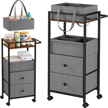Modanais Baby Diaper Caddy Organizer Cart with Drawers - 3In1 Rolling Storage Cart with Wheels, Removable Diaper Caddy, Detachable Dividers - for Crib, Bedroom, Art & Craft Organizer (Off White)
