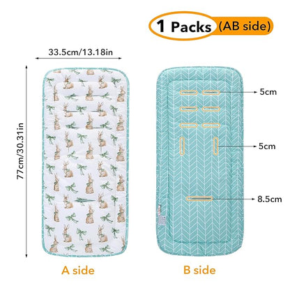 Baby Stroller Cushion,Infant Car Seat Insert-Reversible Universal Breathable and Soft Newborn Stroller Mat,100% Cotton Cover Toddler Seat Pad Liner-34x78cm,1 Pack(Rabbit+Green)