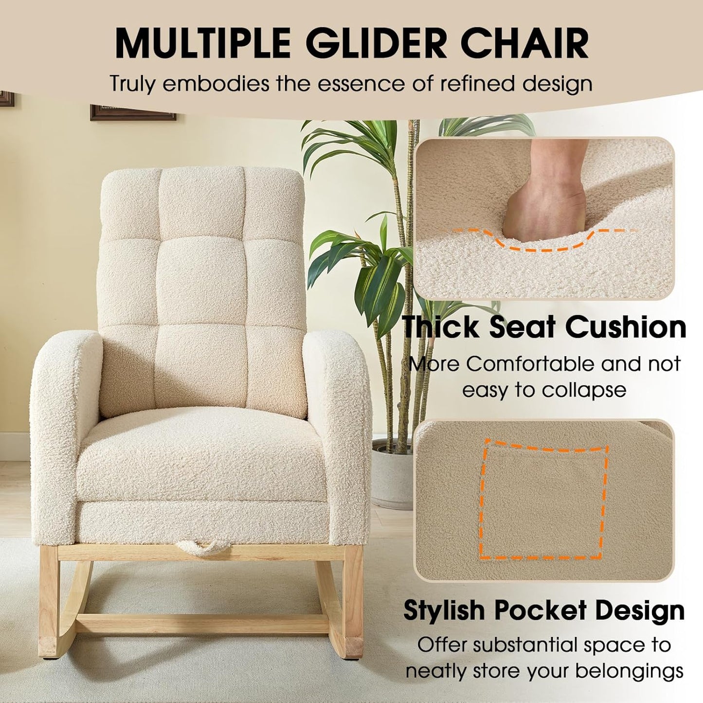 NIOIIKIT Modern Nursery Rocking Chair, Teddy Upholstered Rocking Chair with Footrest, Comfortable Rocker Recliner with Side Pocket, Rocker Glider for Living Room, Bedroom, Nursing Room (Apricot)